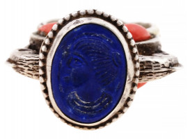 ANTIQUE INDIAN STERLING LAPIS LAZULI CORAL RING