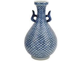 CHINESE LATTICE BLUE WHITE PORCELAIN VASE W HANDLES