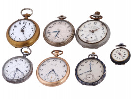 SEVEN ANTIQUE POCKET WATCHES IN DECORATED CASES