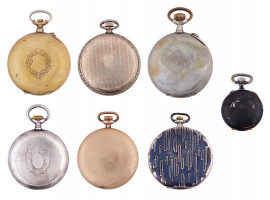 SEVEN ANTIQUE POCKET WATCHES IN DECORATED CASES