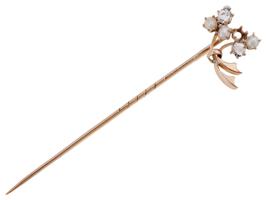 ANTIQUE ROSE GOLD SEED PEARL AND DIAMOND HAT PIN