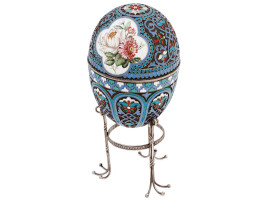 RUSSIAN SILVER CLOISONNE ENAMEL EGG BOX WITH STAND