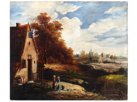 DUTCH SCHOOL VILLAGE LANDSCAPE PAINTING SIGNED