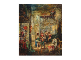MID CENTURY OIL PAINTING CIRCUS SCENE BY J. RIOT