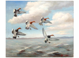 MID CENT SEASCAPE WITH DUCKS OIL PAINTING SIGNED