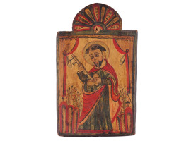 ANTIQUE MEXICAN ICON RETABLO OF ST. PETER WITH KEYS