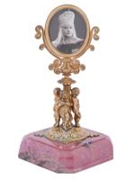 RUSSIAN 88 GILT SILVER FRAME ON RHODONITE PEDESTAL