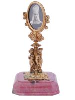 RUSSIAN 88 GILT SILVER FRAME ON RHODONITE PEDESTAL