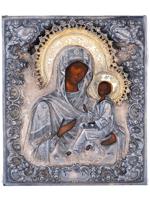 RUSSIAN TIKHVIN MOTHER OF GOD ICON IN SILVER OKLAD