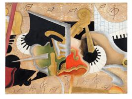 ABSTRACT PAINTING OF MUSICAL INSTRUMENTS ON WOOD