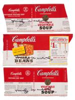 THREE SIGNED CAMPBELLS CAN LABELS BY ANDY WARHOL