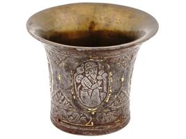 ANTIQUE PERSIAN STEEL SILVER AND GOLD INLAID HOOKAH CUP