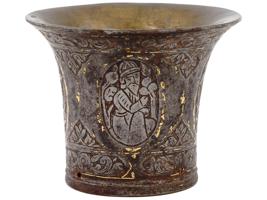 ANTIQUE PERSIAN STEEL SILVER AND GOLD INLAID HOOKAH CUP