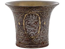 ANTIQUE PERSIAN STEEL SILVER AND GOLD INLAID HOOKAH CUP