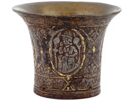 ANTIQUE PERSIAN STEEL SILVER AND GOLD INLAID HOOKAH CUP