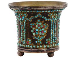 ANTIQUE PERSIAN STEEL TURQUOISE AND RUBY HOOKAH CUP