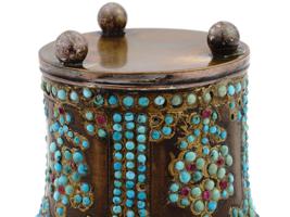 ANTIQUE PERSIAN STEEL TURQUOISE AND RUBY HOOKAH CUP