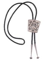 NATIVE AMERICAN STERLING SILVER AND LEATHER BOLO TIE