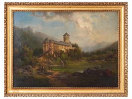 ANTIQUE 19TH C SIGNED AMERICAN OIL PAINTING CASTLE