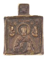 19TH C RUSSIAN ORTHODOX BRONZE ICON OF ST NICHOLAS