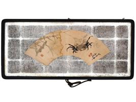 CHINESE FAN FORM INK PAINTING W CALLIGRAPHY FRAMED
