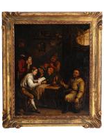 ANTIQUE DUTCH OIL ON TIN PAINTING TAVERN SCENE