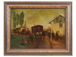 ANTIQUE AMERICAN GENRE PAINTING BORDER CONTROL