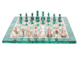 RUSSIAN HAND CARVED MALACHITE AND AGATE CHESS SET