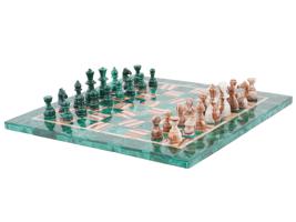 RUSSIAN HAND CARVED MALACHITE AND AGATE CHESS SET
