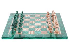 RUSSIAN HAND CARVED MALACHITE AND AGATE CHESS SET