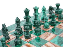 RUSSIAN HAND CARVED MALACHITE AND AGATE CHESS SET