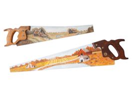 TWO VINTAGE HAND SAWS WITH PAINTED LANDSCAPES BY RUTH