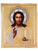 ANTIQUE RUSSIAN ORTHODOX JESUS ICON IN SILVER OKLAD