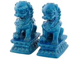 CHINESE QING BLUE GLAZED PORCELAIN FOO DOG FIGURES