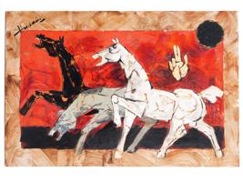 MAQBOOL FIDA HUSAIN INDIAN HORSES ACRYLIC PAINTING