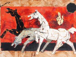 MAQBOOL FIDA HUSAIN INDIAN HORSES ACRYLIC PAINTING