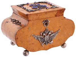 RUSSIAN BURL WOOD SILVER ENAMEL GEMS JEWELRY BOX