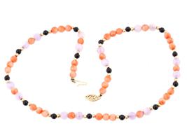 14K GOLD CORAL ONYX AND LAVENDER JADE NECKLACE