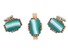 MIDCENT STERLING MALACHITE CUFFLINKS AND TIE CLIP