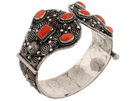 STERLING SILVER RED CORAL HINGED BANGLE BRACELET