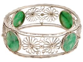 VINTAGE SILVER FILIGREE AND JADE BANGLE BRACELET