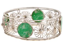 VINTAGE SILVER FILIGREE AND JADE BANGLE BRACELET