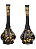 VINTAGE CHINESE BLACK GLAZED AND GILT BRASS VASES