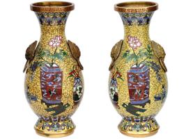 ANTIQUE CHINESE QING HANDLED CLOISONNE ENAMEL VASES