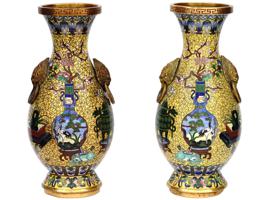 ANTIQUE CHINESE QING HANDLED CLOISONNE ENAMEL VASES