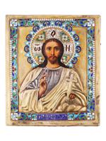 ANTIQUE 19TH C RUSSIAN SILVER ENAMEL CHRIST ICON