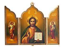 ANTIQUE RUSSIAN ORTHODOX GILT SILVER TRIPTYCH ICON