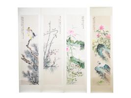 CHINESE FLORAL WATERCOLOR SCROLL PAINTINGS SIGNED