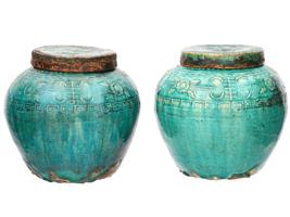 ANTIQUE CHINESE COVERED GLAZED TERRACOTTA OIL JARS