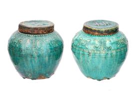 ANTIQUE CHINESE COVERED GLAZED TERRACOTTA OIL JARS